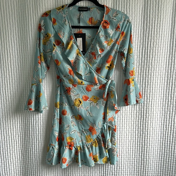 NWT Turquoise Floral Printed Frill Wrap Tea Dress - Picture 7 of 13
